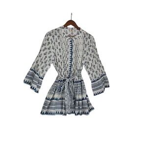 RHEA Blue White Block Print 100% Cotton Blouse L/XL Boho Bell Sleeve Tie Artisan